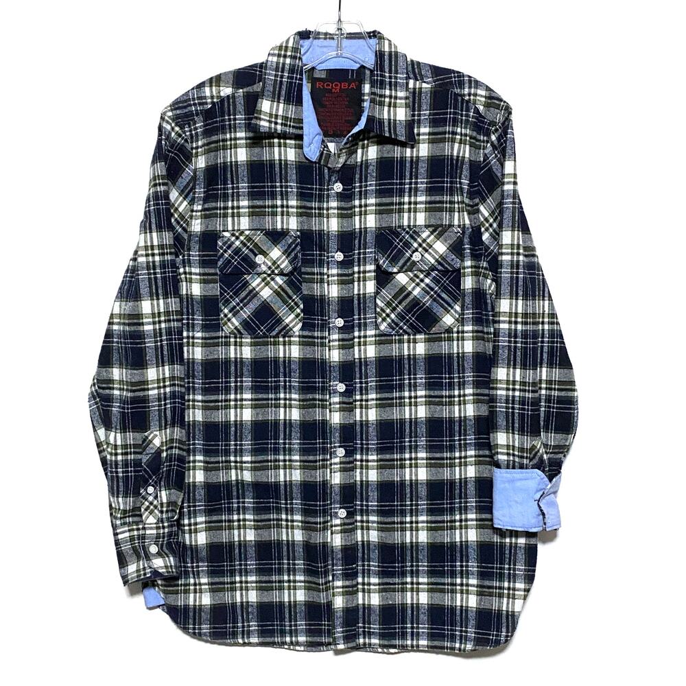 RQQBA Contrast Flip Cuff Plaid Flannel Button Shirt Mens M Country Ranch Chore